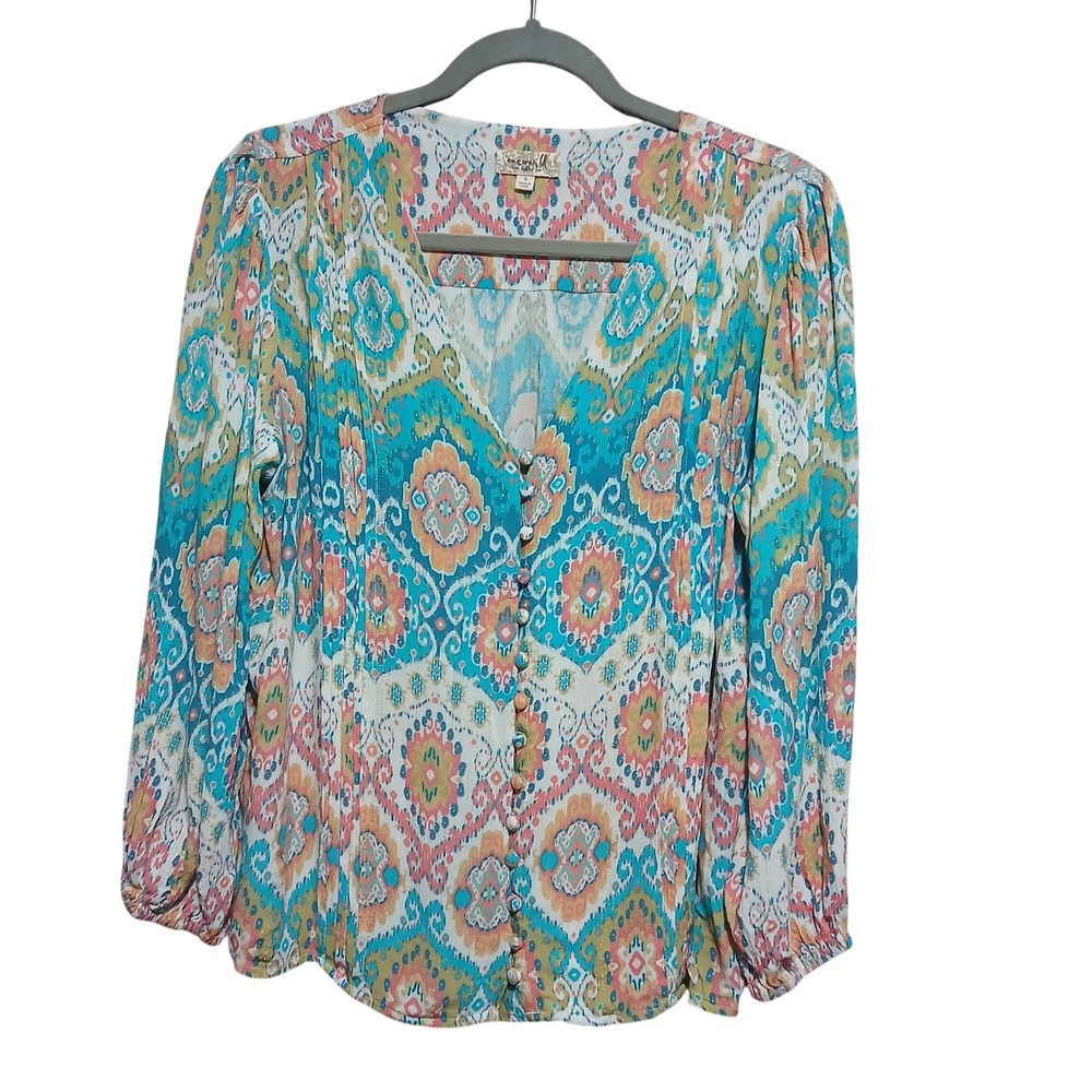 One World Women's Ikat‎ Print Blouse Top Long Sleeve V-Neck Button Front Size S